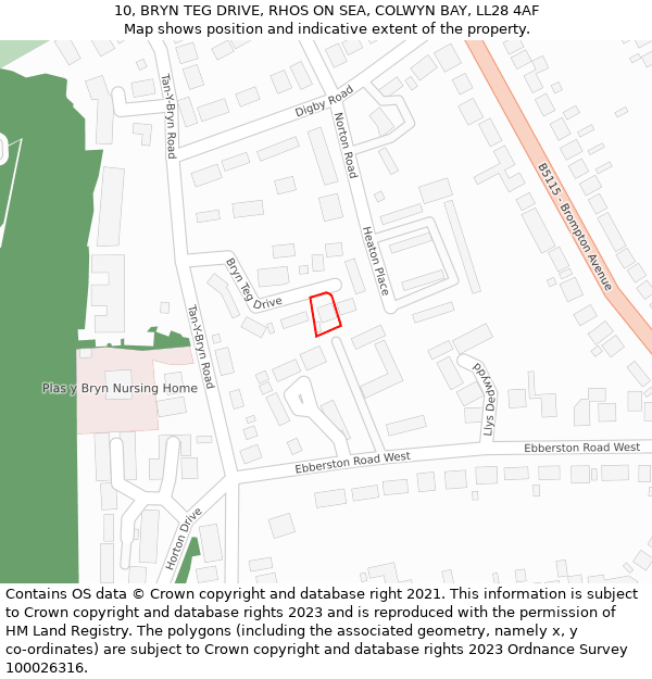 10, BRYN TEG DRIVE, RHOS ON SEA, COLWYN BAY, LL28 4AF: Location map and indicative extent of plot