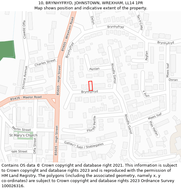 10, BRYNHYFRYD, JOHNSTOWN, WREXHAM, LL14 1PR: Location map and indicative extent of plot