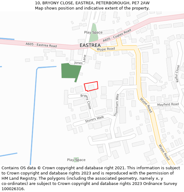 10, BRYONY CLOSE, EASTREA, PETERBOROUGH, PE7 2AW: Location map and indicative extent of plot