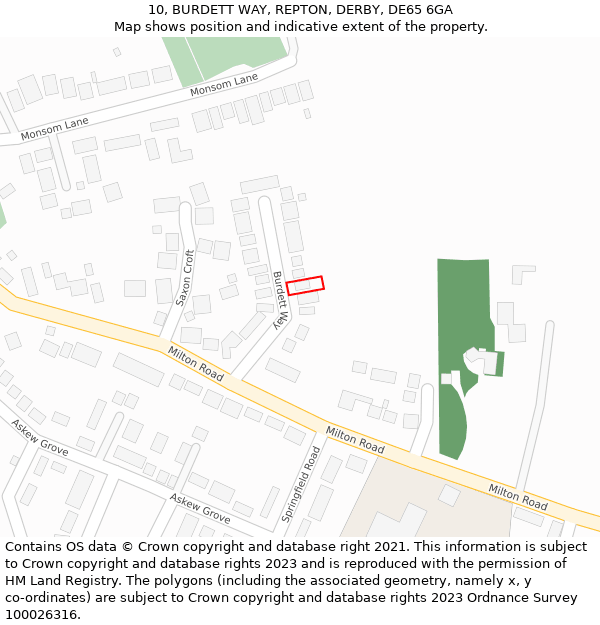 10, BURDETT WAY, REPTON, DERBY, DE65 6GA: Location map and indicative extent of plot