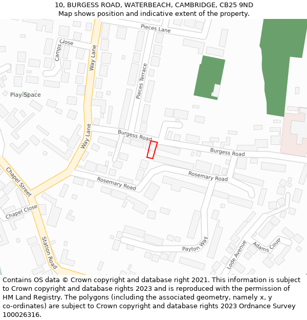 10, BURGESS ROAD, WATERBEACH, CAMBRIDGE, CB25 9ND: Location map and indicative extent of plot