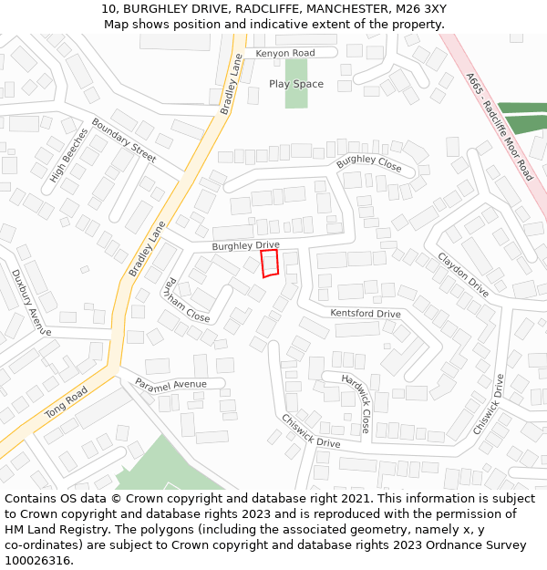10, BURGHLEY DRIVE, RADCLIFFE, MANCHESTER, M26 3XY: Location map and indicative extent of plot