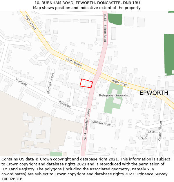 10, BURNHAM ROAD, EPWORTH, DONCASTER, DN9 1BU: Location map and indicative extent of plot