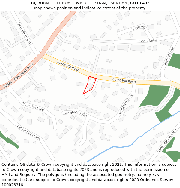 10, BURNT HILL ROAD, WRECCLESHAM, FARNHAM, GU10 4RZ: Location map and indicative extent of plot