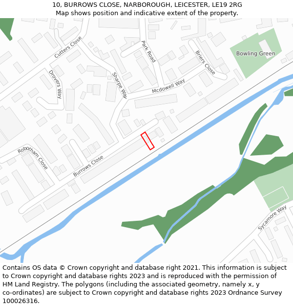 10, BURROWS CLOSE, NARBOROUGH, LEICESTER, LE19 2RG: Location map and indicative extent of plot