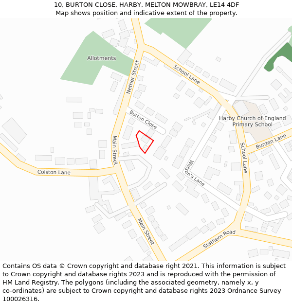 10, BURTON CLOSE, HARBY, MELTON MOWBRAY, LE14 4DF: Location map and indicative extent of plot