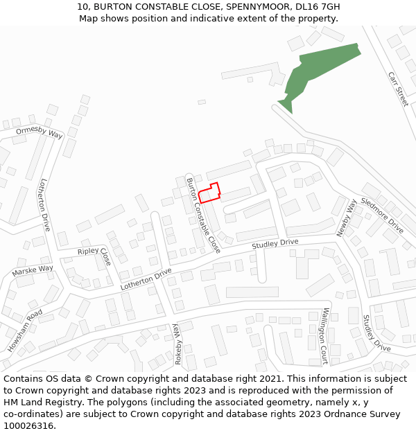 10, BURTON CONSTABLE CLOSE, SPENNYMOOR, DL16 7GH: Location map and indicative extent of plot