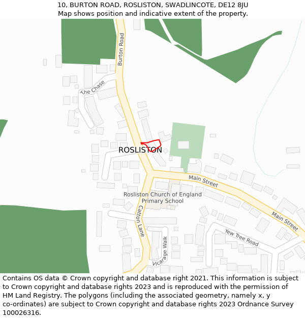 10, BURTON ROAD, ROSLISTON, SWADLINCOTE, DE12 8JU: Location map and indicative extent of plot