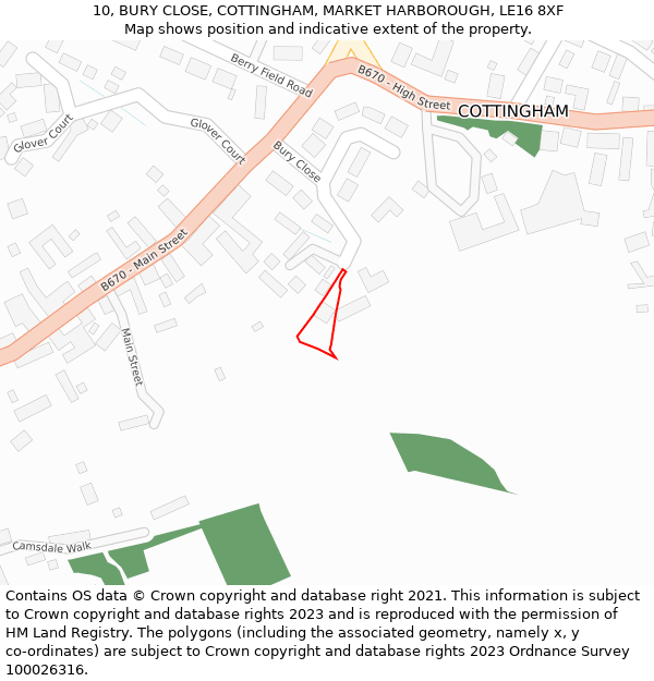 10, BURY CLOSE, COTTINGHAM, MARKET HARBOROUGH, LE16 8XF: Location map and indicative extent of plot