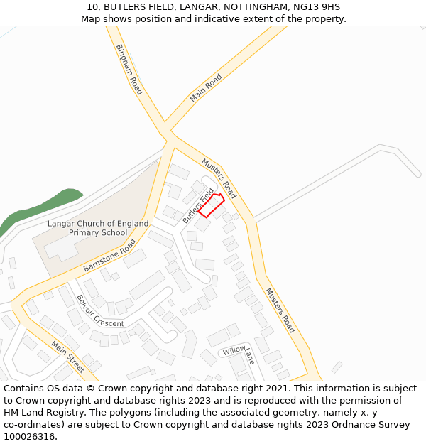 10, BUTLERS FIELD, LANGAR, NOTTINGHAM, NG13 9HS: Location map and indicative extent of plot