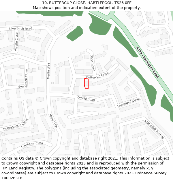 10, BUTTERCUP CLOSE, HARTLEPOOL, TS26 0FE: Location map and indicative extent of plot