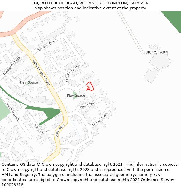 10, BUTTERCUP ROAD, WILLAND, CULLOMPTON, EX15 2TX: Location map and indicative extent of plot