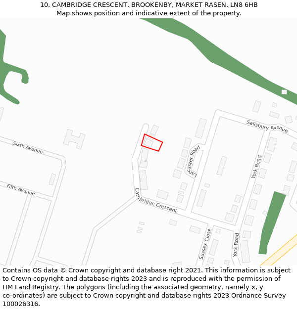 10, CAMBRIDGE CRESCENT, BROOKENBY, MARKET RASEN, LN8 6HB: Location map and indicative extent of plot
