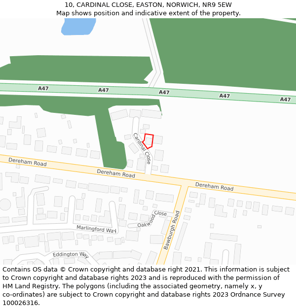 10, CARDINAL CLOSE, EASTON, NORWICH, NR9 5EW: Location map and indicative extent of plot