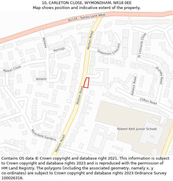 10, CARLETON CLOSE, WYMONDHAM, NR18 0EE: Location map and indicative extent of plot