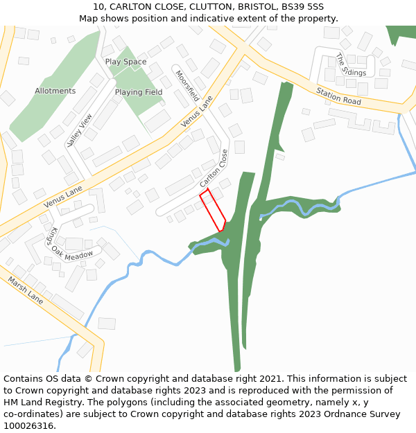 10, CARLTON CLOSE, CLUTTON, BRISTOL, BS39 5SS: Location map and indicative extent of plot