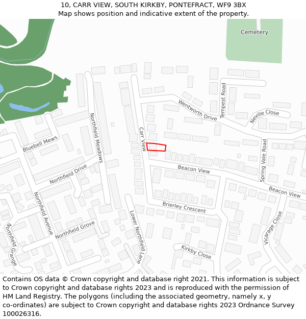 10, CARR VIEW, SOUTH KIRKBY, PONTEFRACT, WF9 3BX: Location map and indicative extent of plot