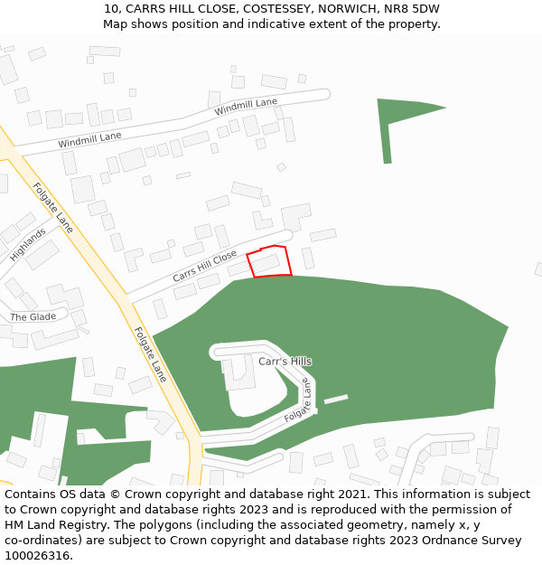 10, CARRS HILL CLOSE, COSTESSEY, NORWICH, NR8 5DW: Location map and indicative extent of plot