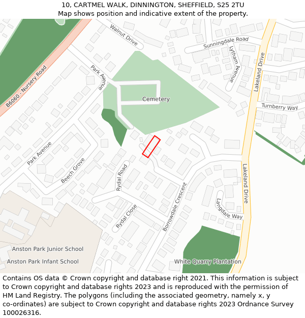 10, CARTMEL WALK, DINNINGTON, SHEFFIELD, S25 2TU: Location map and indicative extent of plot