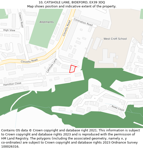 10, CATSHOLE LANE, BIDEFORD, EX39 3DQ: Location map and indicative extent of plot