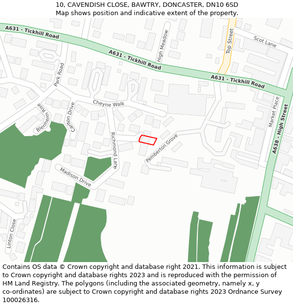 10, CAVENDISH CLOSE, BAWTRY, DONCASTER, DN10 6SD: Location map and indicative extent of plot