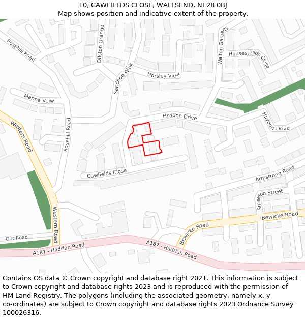 10, CAWFIELDS CLOSE, WALLSEND, NE28 0BJ: Location map and indicative extent of plot