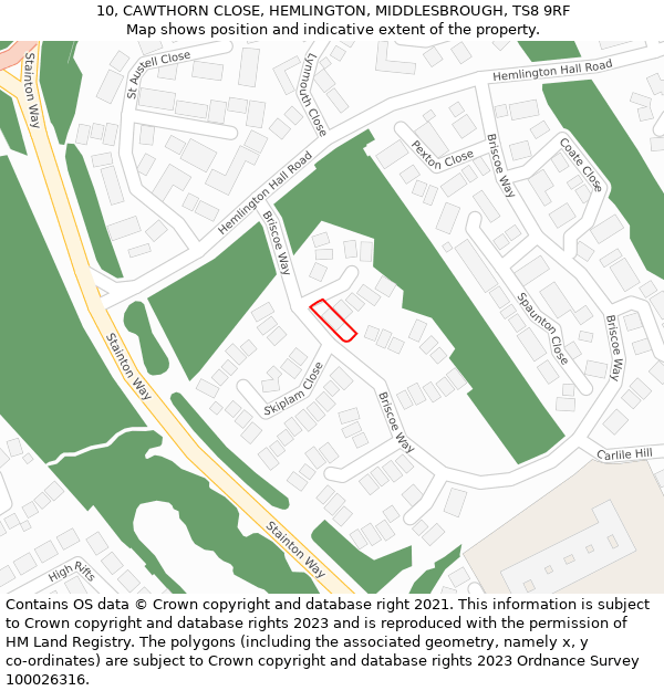 10, CAWTHORN CLOSE, HEMLINGTON, MIDDLESBROUGH, TS8 9RF: Location map and indicative extent of plot