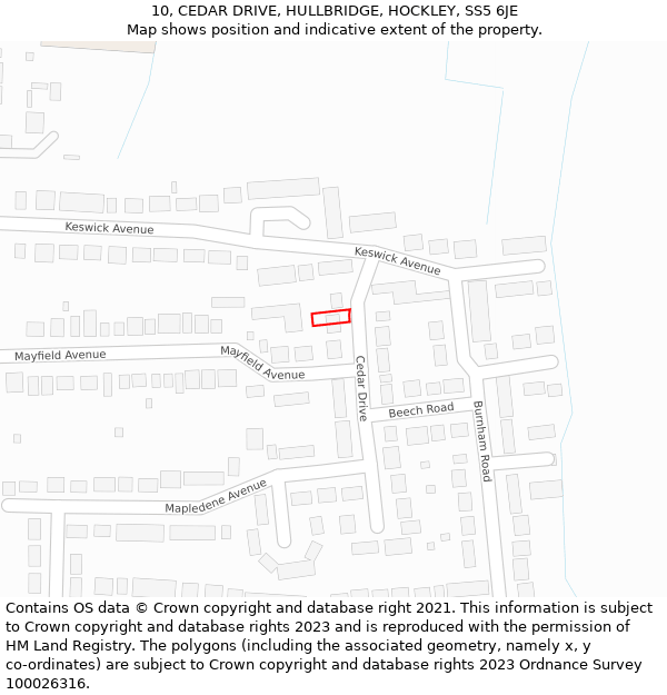 10, CEDAR DRIVE, HULLBRIDGE, HOCKLEY, SS5 6JE: Location map and indicative extent of plot