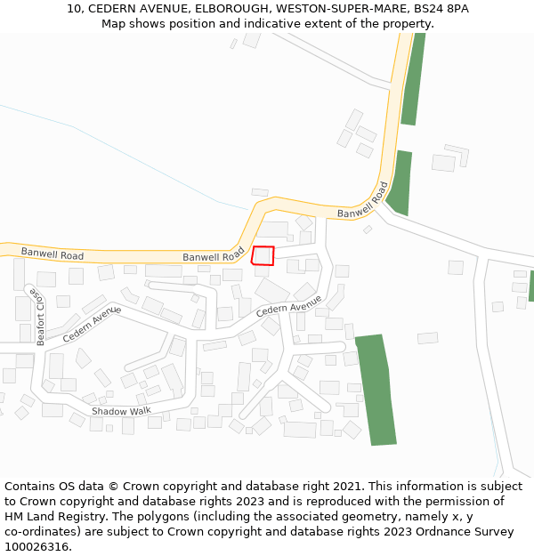 10, CEDERN AVENUE, ELBOROUGH, WESTON-SUPER-MARE, BS24 8PA: Location map and indicative extent of plot