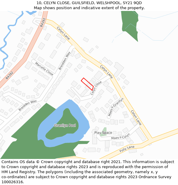 10, CELYN CLOSE, GUILSFIELD, WELSHPOOL, SY21 9QD: Location map and indicative extent of plot