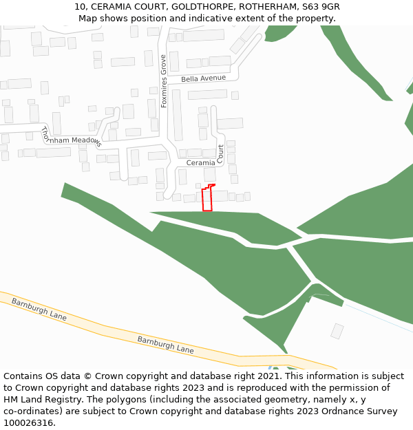 10, CERAMIA COURT, GOLDTHORPE, ROTHERHAM, S63 9GR: Location map and indicative extent of plot