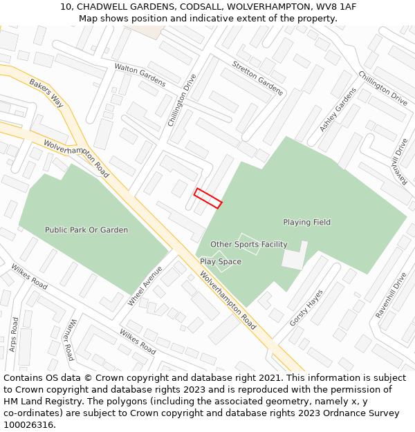 10, CHADWELL GARDENS, CODSALL, WOLVERHAMPTON, WV8 1AF: Location map and indicative extent of plot