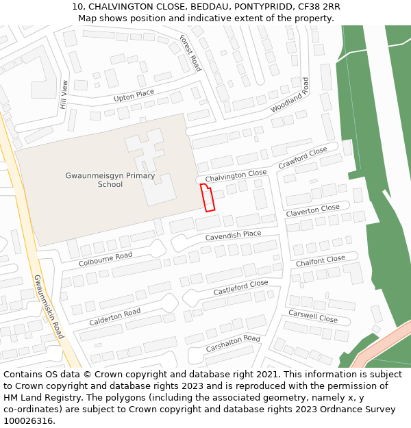 10, CHALVINGTON CLOSE, BEDDAU, PONTYPRIDD, CF38 2RR: Location map and indicative extent of plot