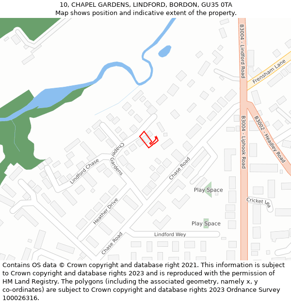 10, CHAPEL GARDENS, LINDFORD, BORDON, GU35 0TA: Location map and indicative extent of plot