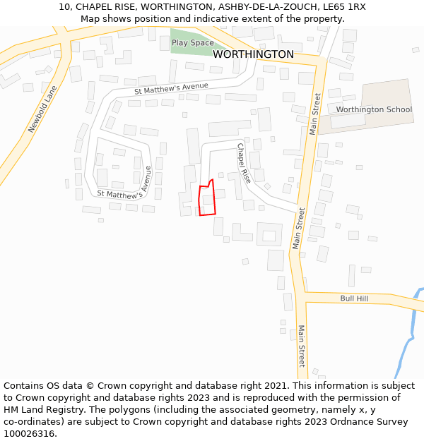 10, CHAPEL RISE, WORTHINGTON, ASHBY-DE-LA-ZOUCH, LE65 1RX: Location map and indicative extent of plot