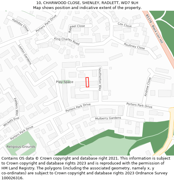 10, CHARWOOD CLOSE, SHENLEY, RADLETT, WD7 9LH: Location map and indicative extent of plot