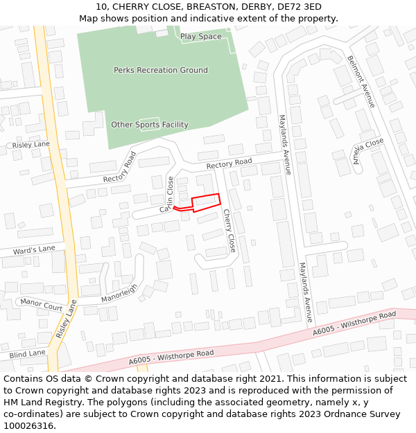 10, CHERRY CLOSE, BREASTON, DERBY, DE72 3ED: Location map and indicative extent of plot