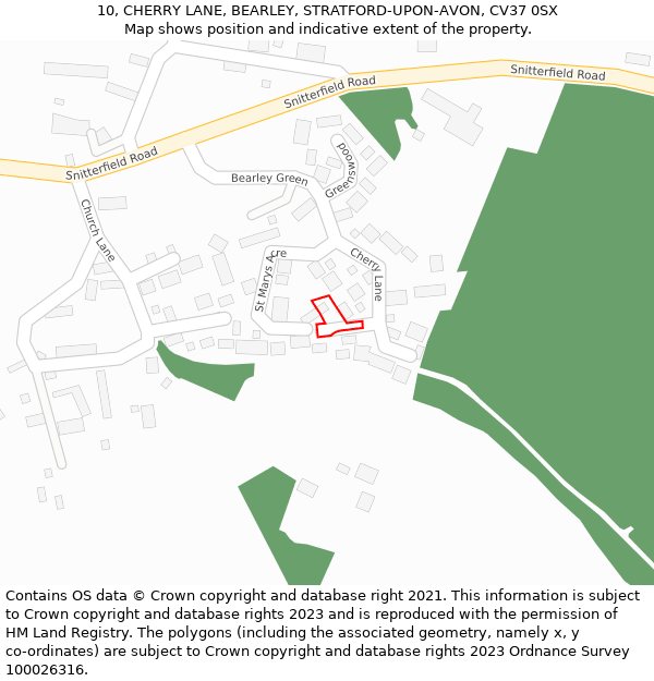 10, CHERRY LANE, BEARLEY, STRATFORD-UPON-AVON, CV37 0SX: Location map and indicative extent of plot