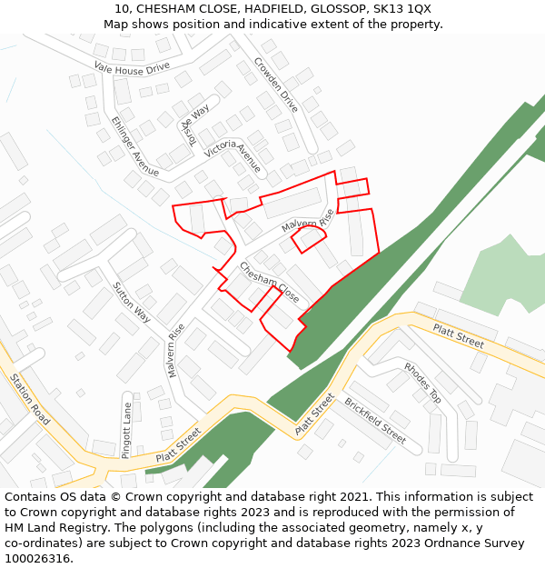 10, CHESHAM CLOSE, HADFIELD, GLOSSOP, SK13 1QX: Location map and indicative extent of plot