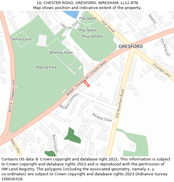 10, CHESTER ROAD, GRESFORD, WREXHAM, LL12 8TN: Location map and indicative extent of plot