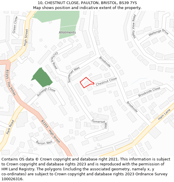 10, CHESTNUT CLOSE, PAULTON, BRISTOL, BS39 7YS: Location map and indicative extent of plot