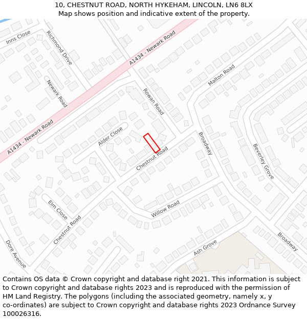 10, CHESTNUT ROAD, NORTH HYKEHAM, LINCOLN, LN6 8LX: Location map and indicative extent of plot