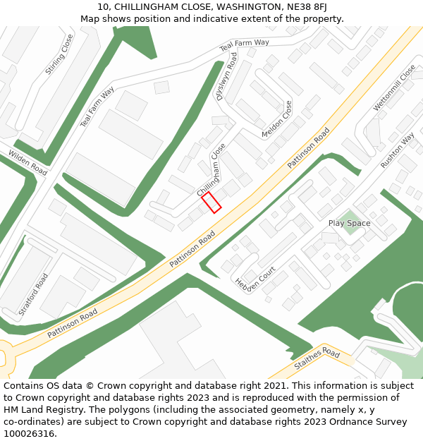 10, CHILLINGHAM CLOSE, WASHINGTON, NE38 8FJ: Location map and indicative extent of plot