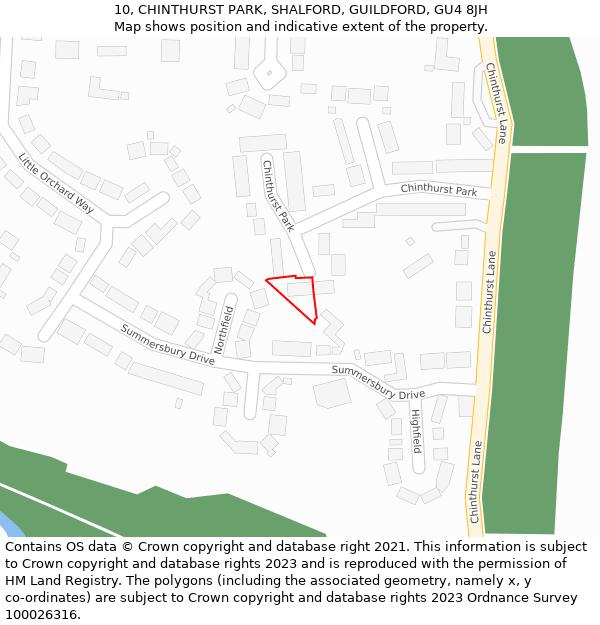 10, CHINTHURST PARK, SHALFORD, GUILDFORD, GU4 8JH: Location map and indicative extent of plot