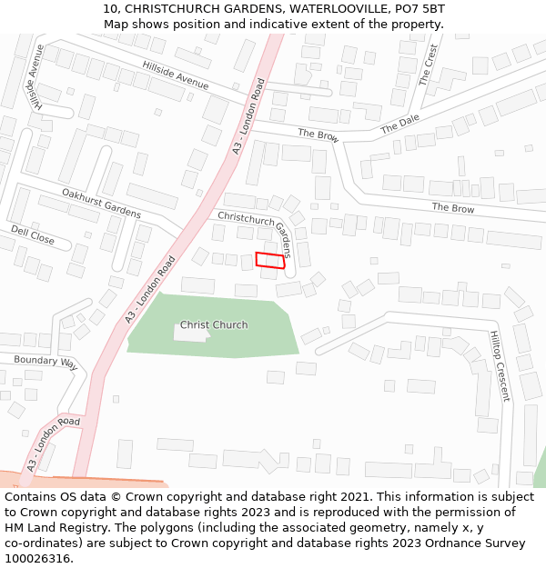 10, CHRISTCHURCH GARDENS, WATERLOOVILLE, PO7 5BT: Location map and indicative extent of plot