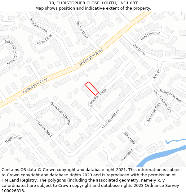 10, CHRISTOPHER CLOSE, LOUTH, LN11 0BT: Location map and indicative extent of plot