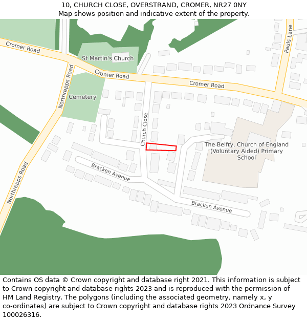 10, CHURCH CLOSE, OVERSTRAND, CROMER, NR27 0NY: Location map and indicative extent of plot