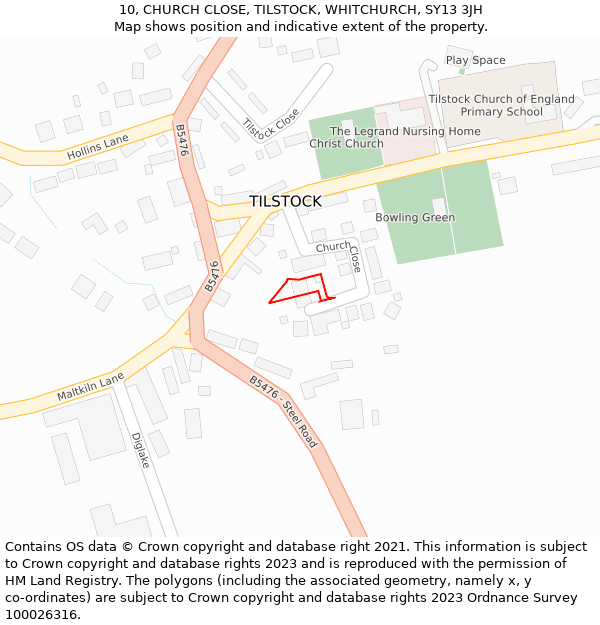 10, CHURCH CLOSE, TILSTOCK, WHITCHURCH, SY13 3JH: Location map and indicative extent of plot