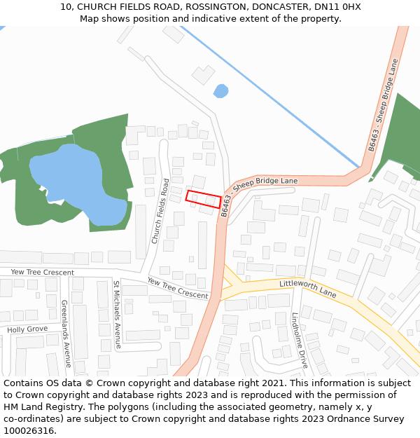 10, CHURCH FIELDS ROAD, ROSSINGTON, DONCASTER, DN11 0HX: Location map and indicative extent of plot