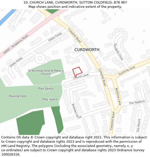 10, CHURCH LANE, CURDWORTH, SUTTON COLDFIELD, B76 9EY: Location map and indicative extent of plot